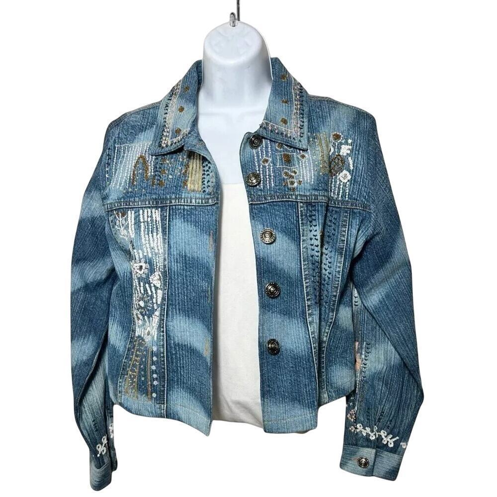Sandy Starkman Hand Embroidered Denim Jacket Women’s L Boho Artsy Wearable Art